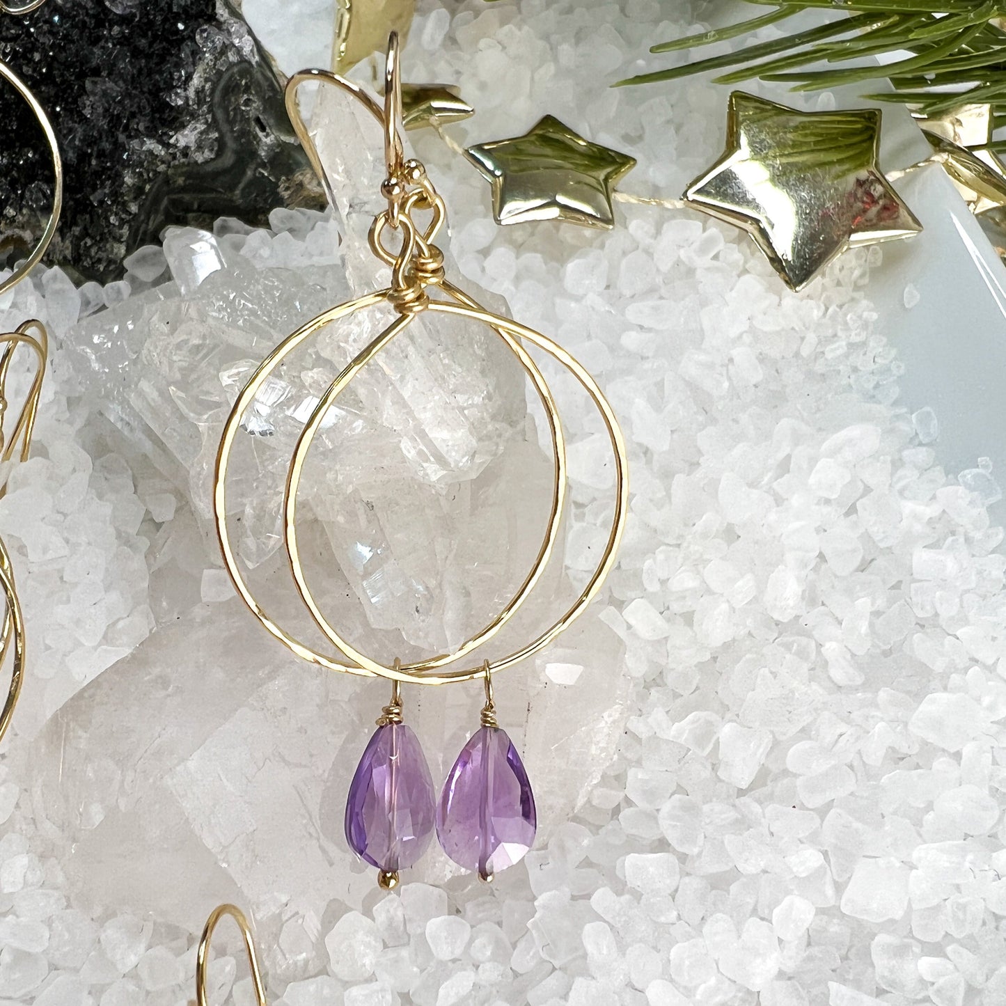 Amethyst Gold Hammered Hoops