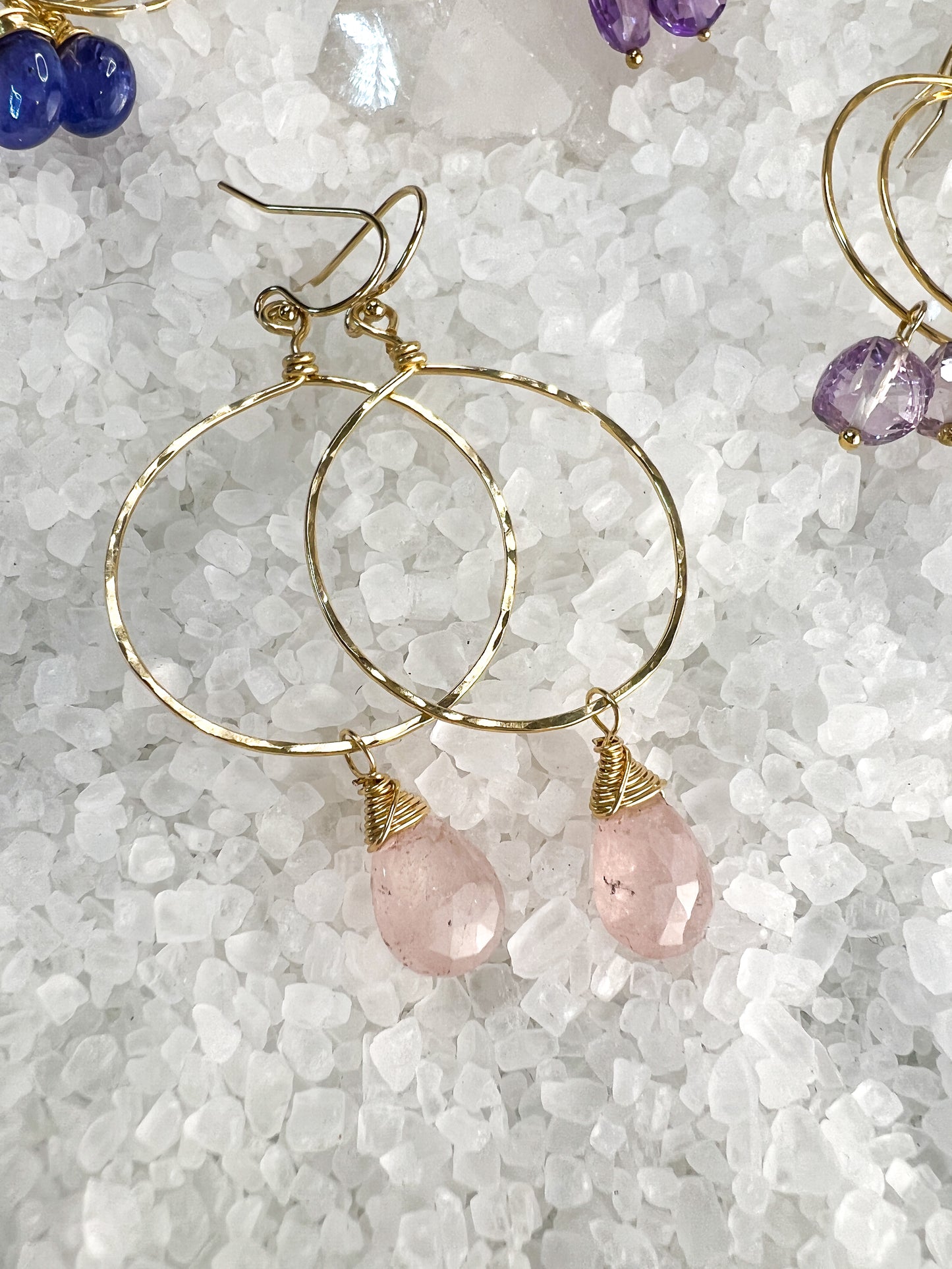 Morganite Hammered Hoop Earrings