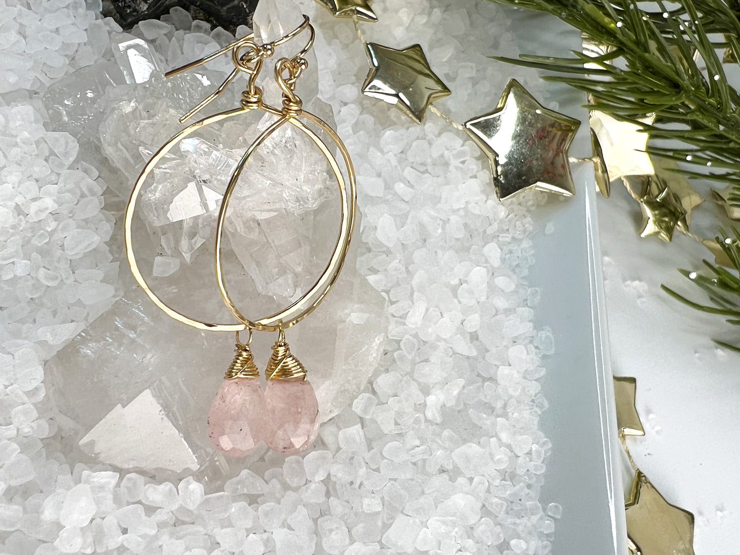 Morganite Hammered Hoop Earrings