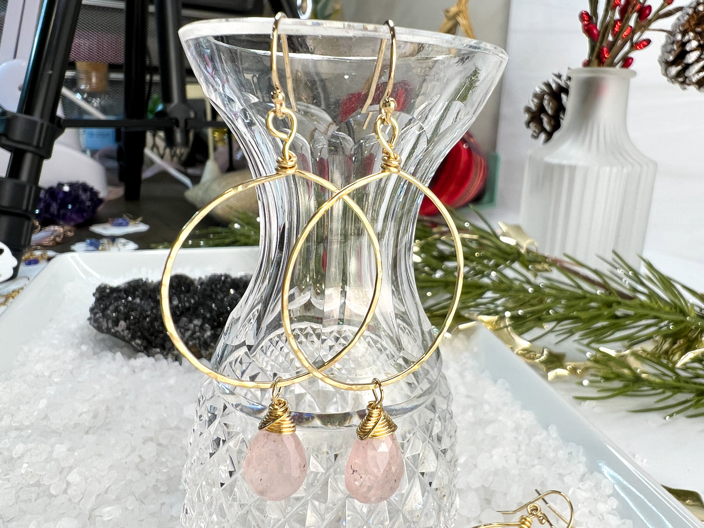 Morganite Hammered Hoop Earrings