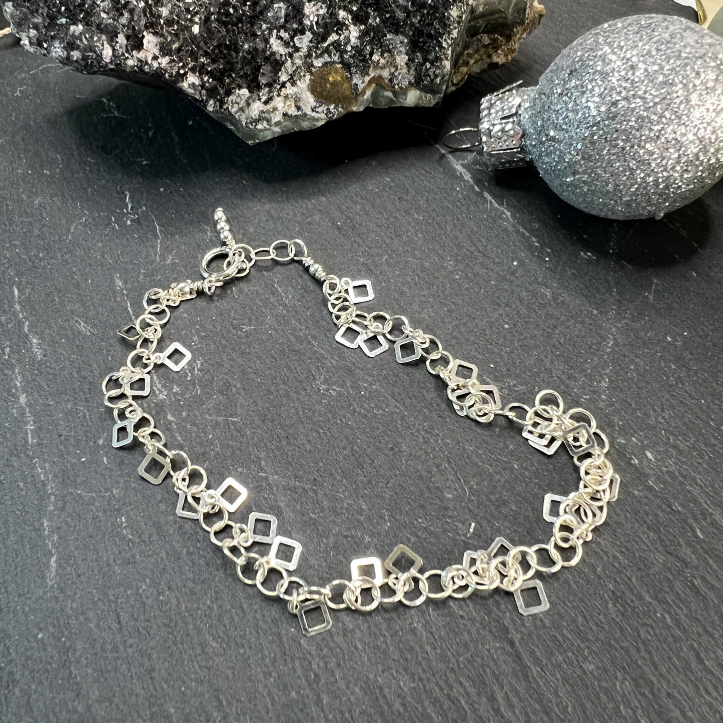 Sterling Silver Square Dangle Necklace and Bracelet