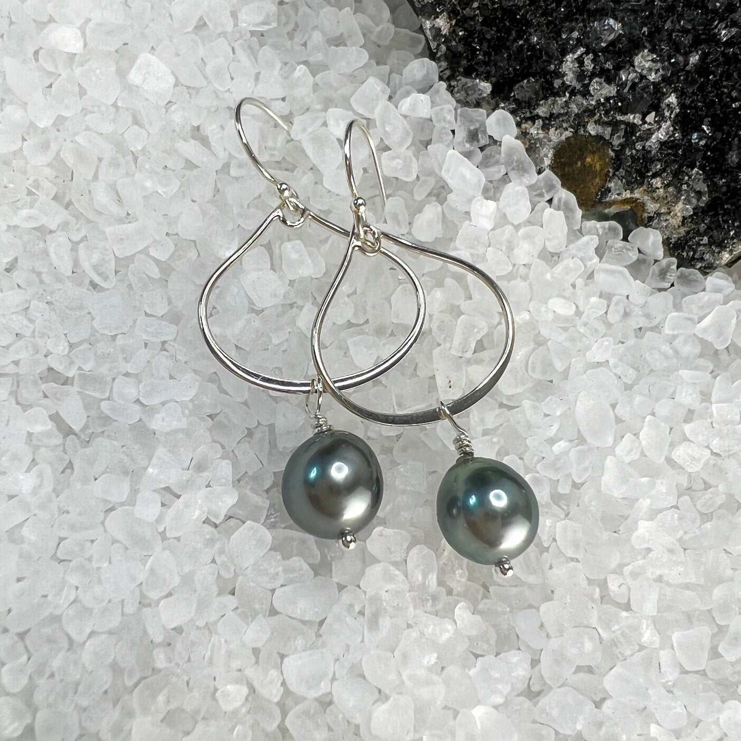 Tahitian Pearl Earrings, Tahitian Pearl Hoops - Sterling Silver