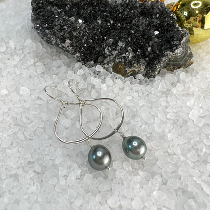Tahitian Pearl Earrings, Tahitian Pearl Hoops - Sterling Silver