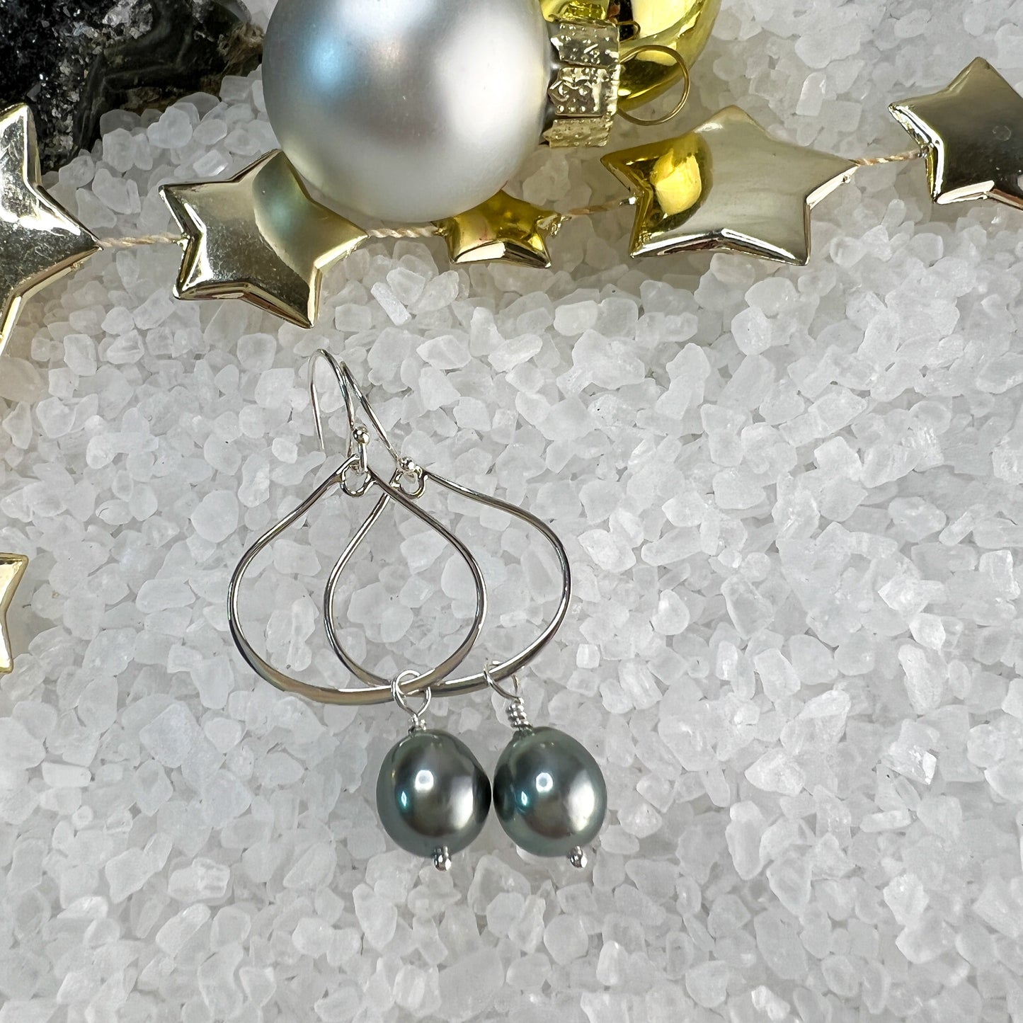 Tahitian Pearl Earrings, Tahitian Pearl Hoops - Sterling Silver