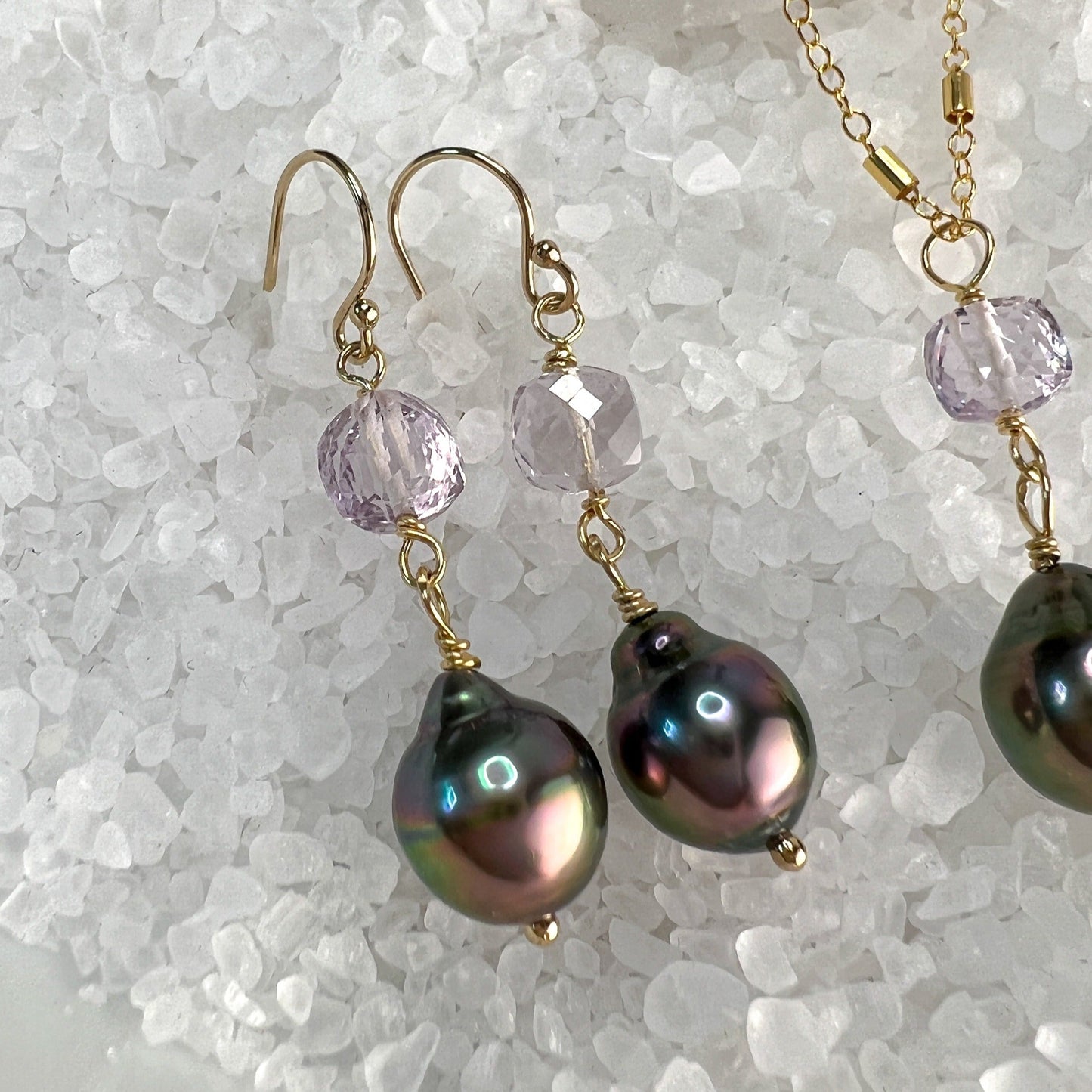 Tahitian Pearl & Pink Amethyst Dangle Earrings