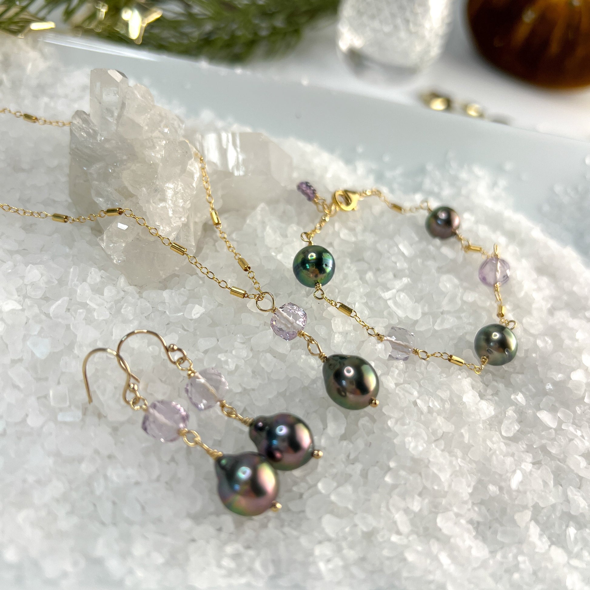 Tahitian Pearl & Pink Amethyst Dangle Earrings