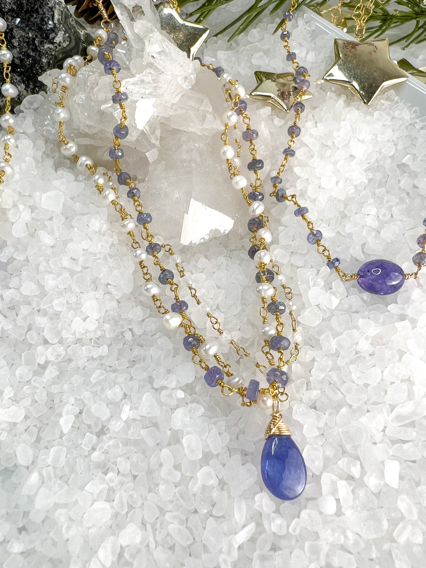 Tanzanite, Rainbow Moonstone & Pearl Rosary Necklace