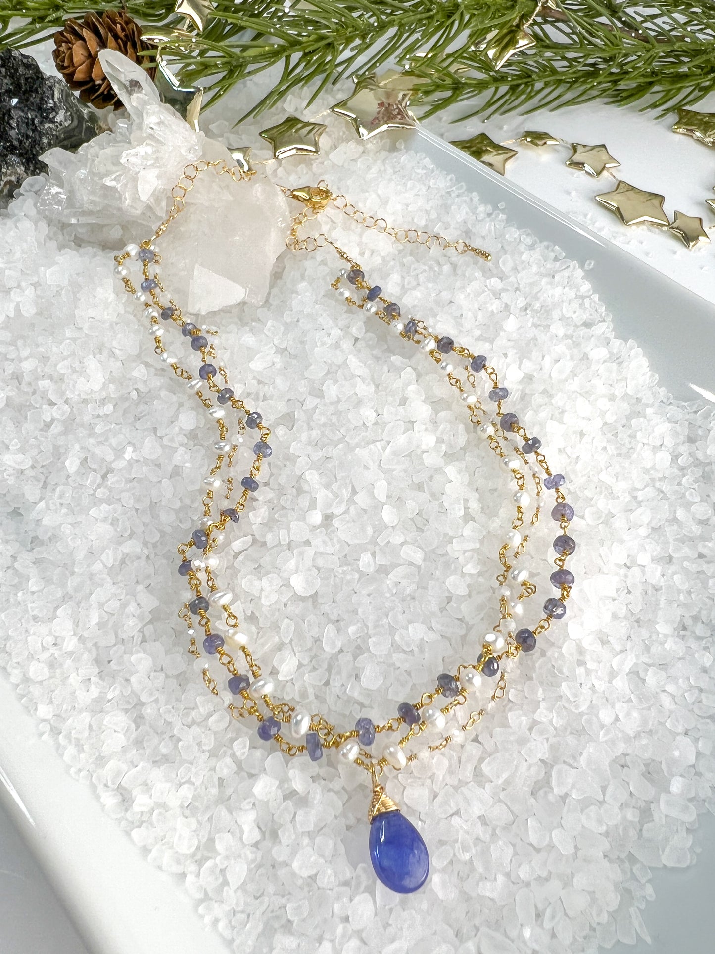 Tanzanite, Rainbow Moonstone & Pearl Rosary Necklace