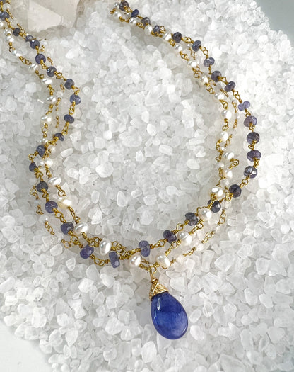 Tanzanite, Rainbow Moonstone & Pearl Rosary Necklace