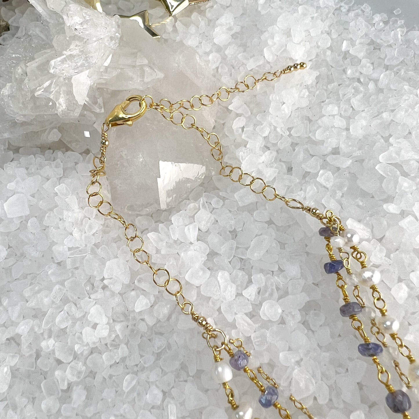 Tanzanite, Rainbow Moonstone & Pearl Rosary Necklace