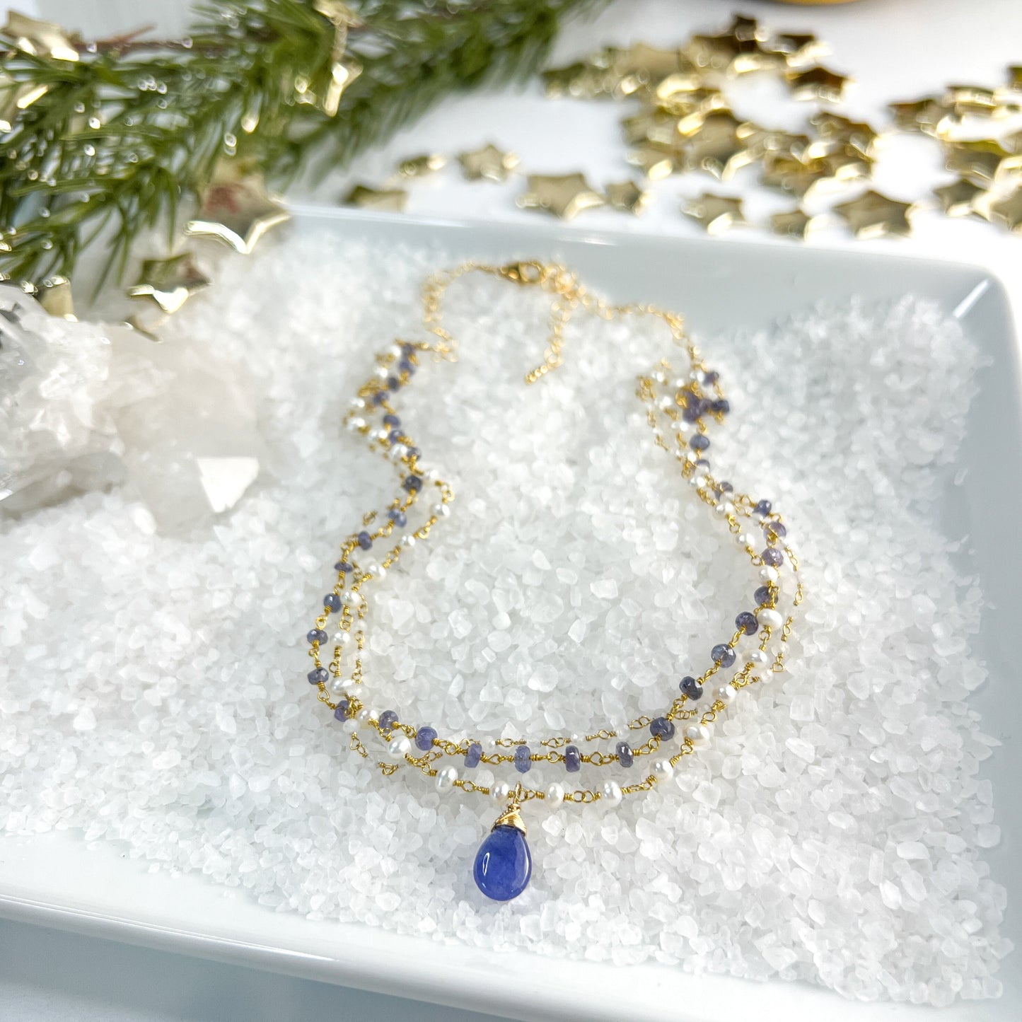 Tanzanite, Rainbow Moonstone & Pearl Rosary Necklace