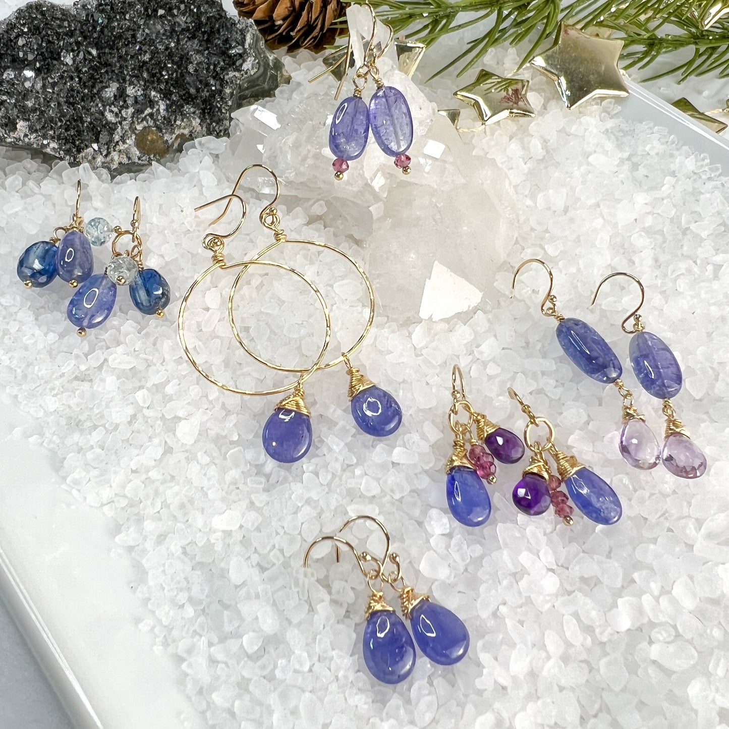 Tanzanite, Amethyst & Rhodolite Garnet Dangle Earrings