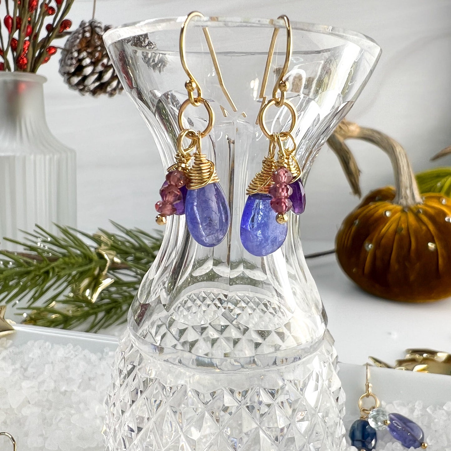 Tanzanite, Amethyst & Rhodolite Garnet Dangle Earrings