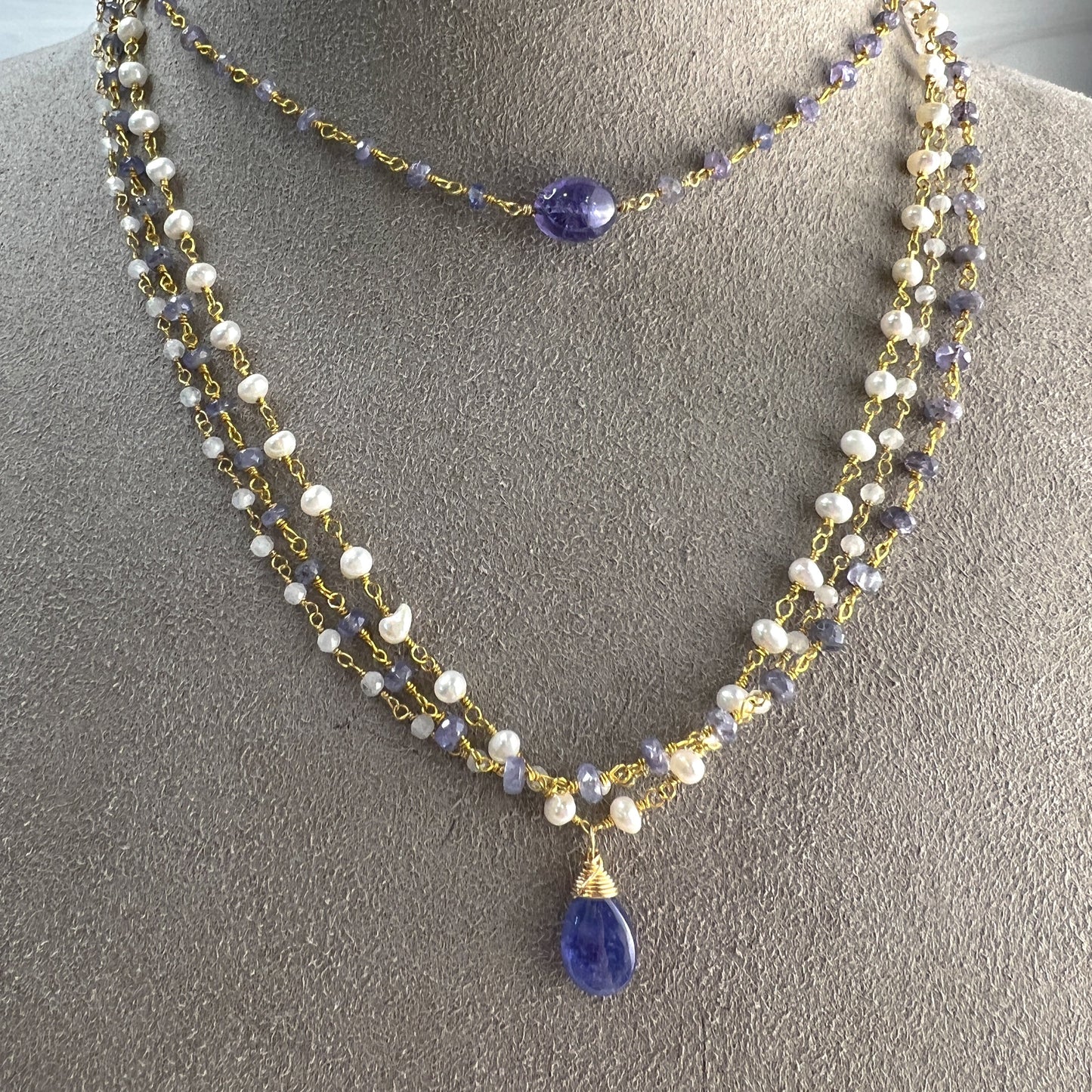 Tanzanite, Rainbow Moonstone & Pearl Rosary Necklace