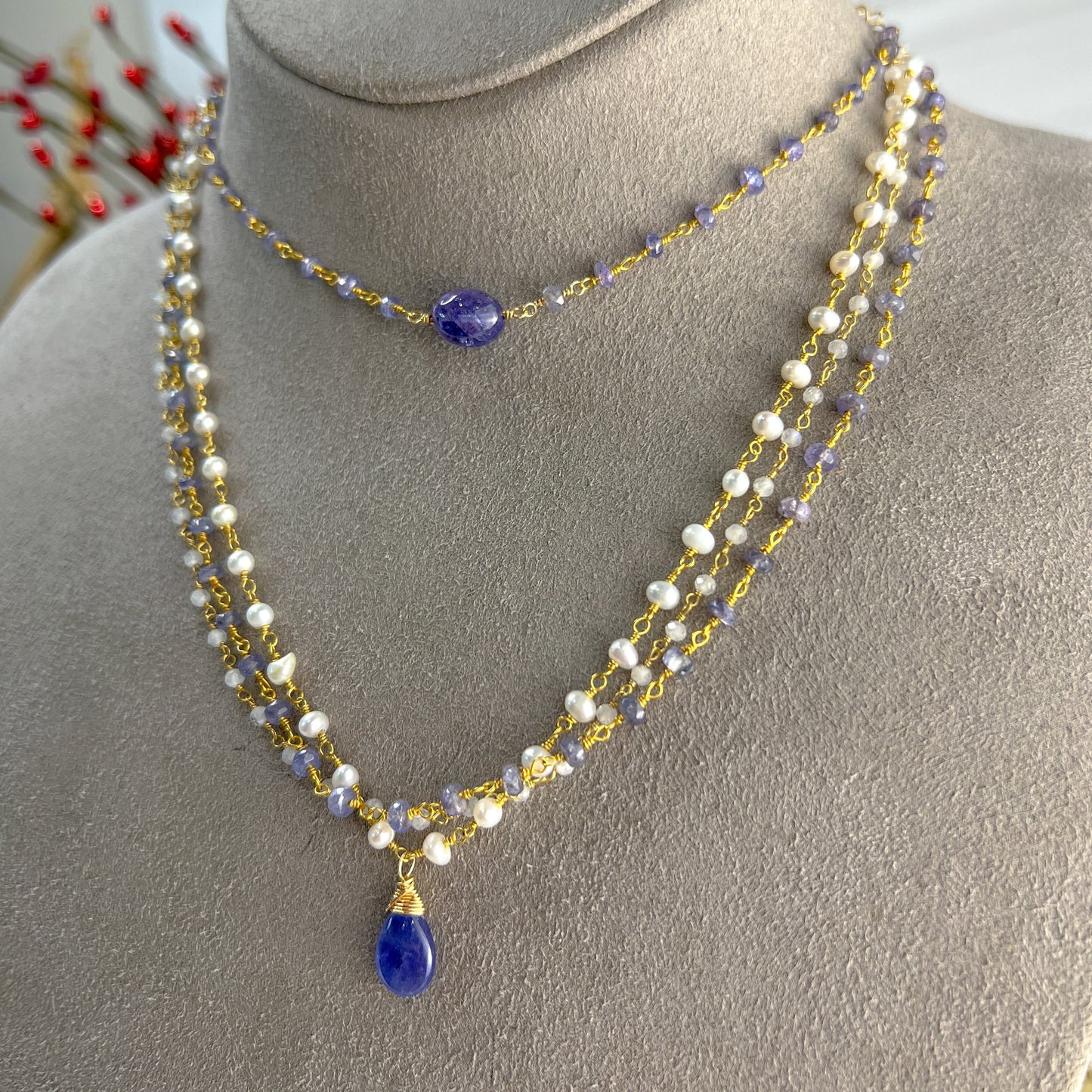 Tanzanite, Rainbow Moonstone & Pearl Rosary Necklace