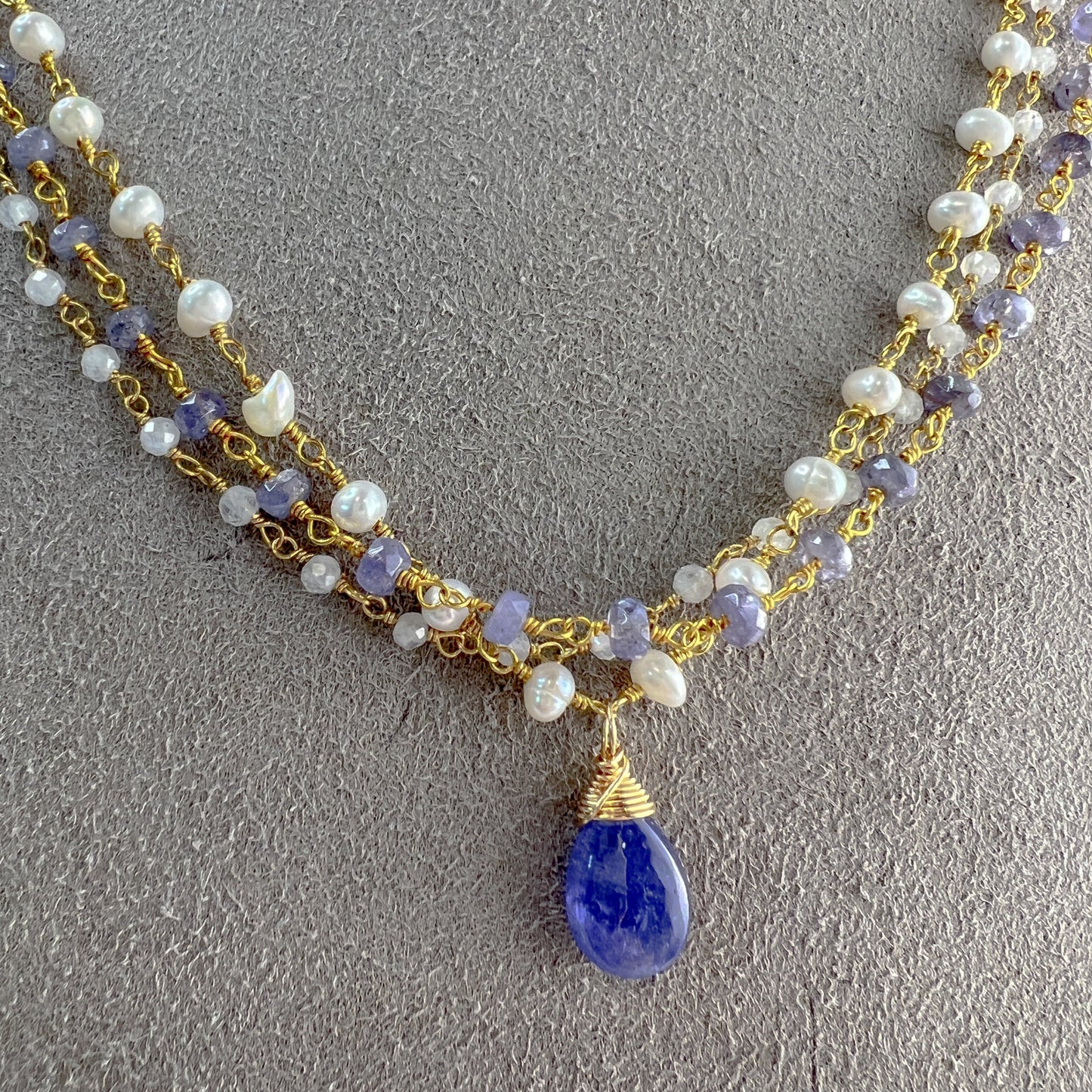 Tanzanite, Rainbow Moonstone & Pearl Rosary Necklace