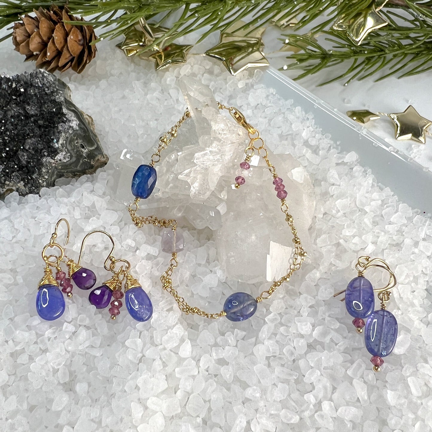 Tanzanite, Amethyst & Rhodolite Garnet Dangle Earrings