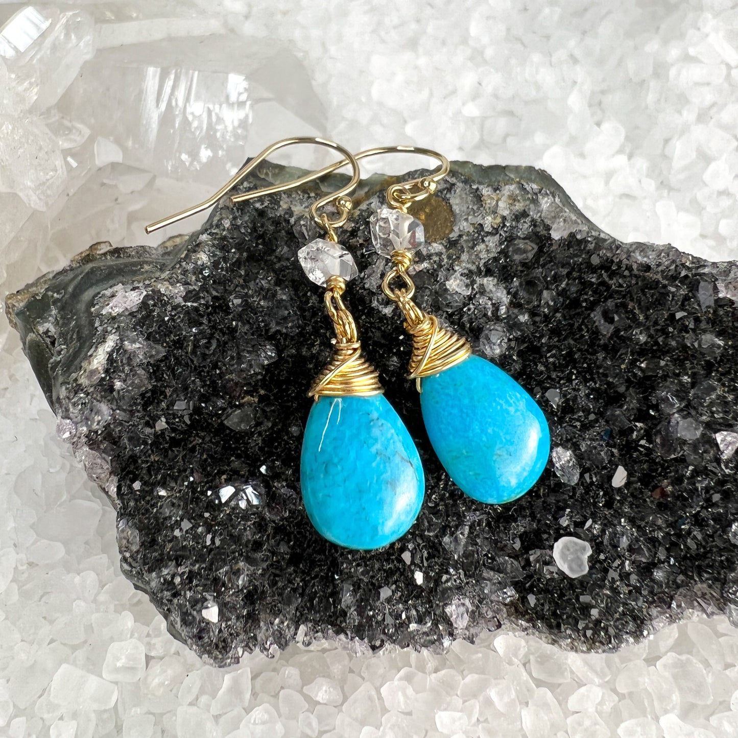 Sleeping Beauty Turquoise & Herkimer Diamond Drop Earrings