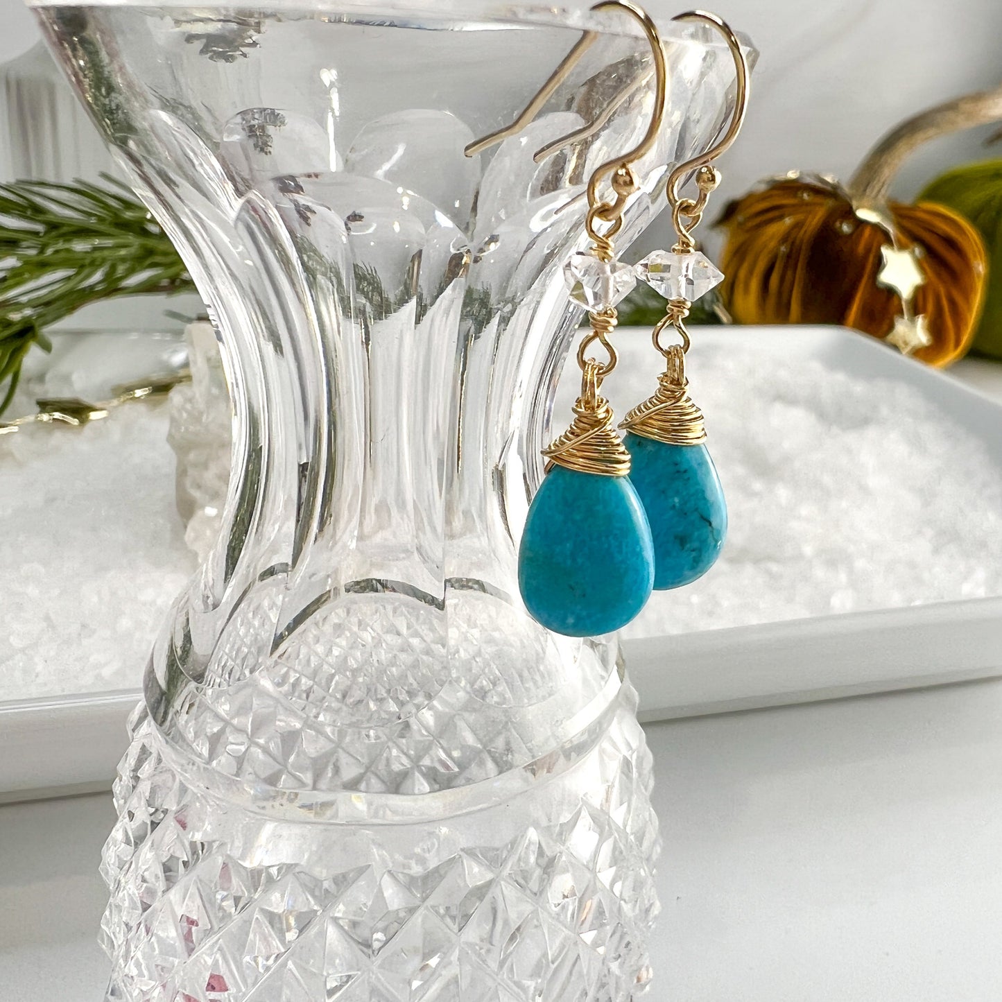 Sleeping Beauty Turquoise & Herkimer Diamond Drop Earrings