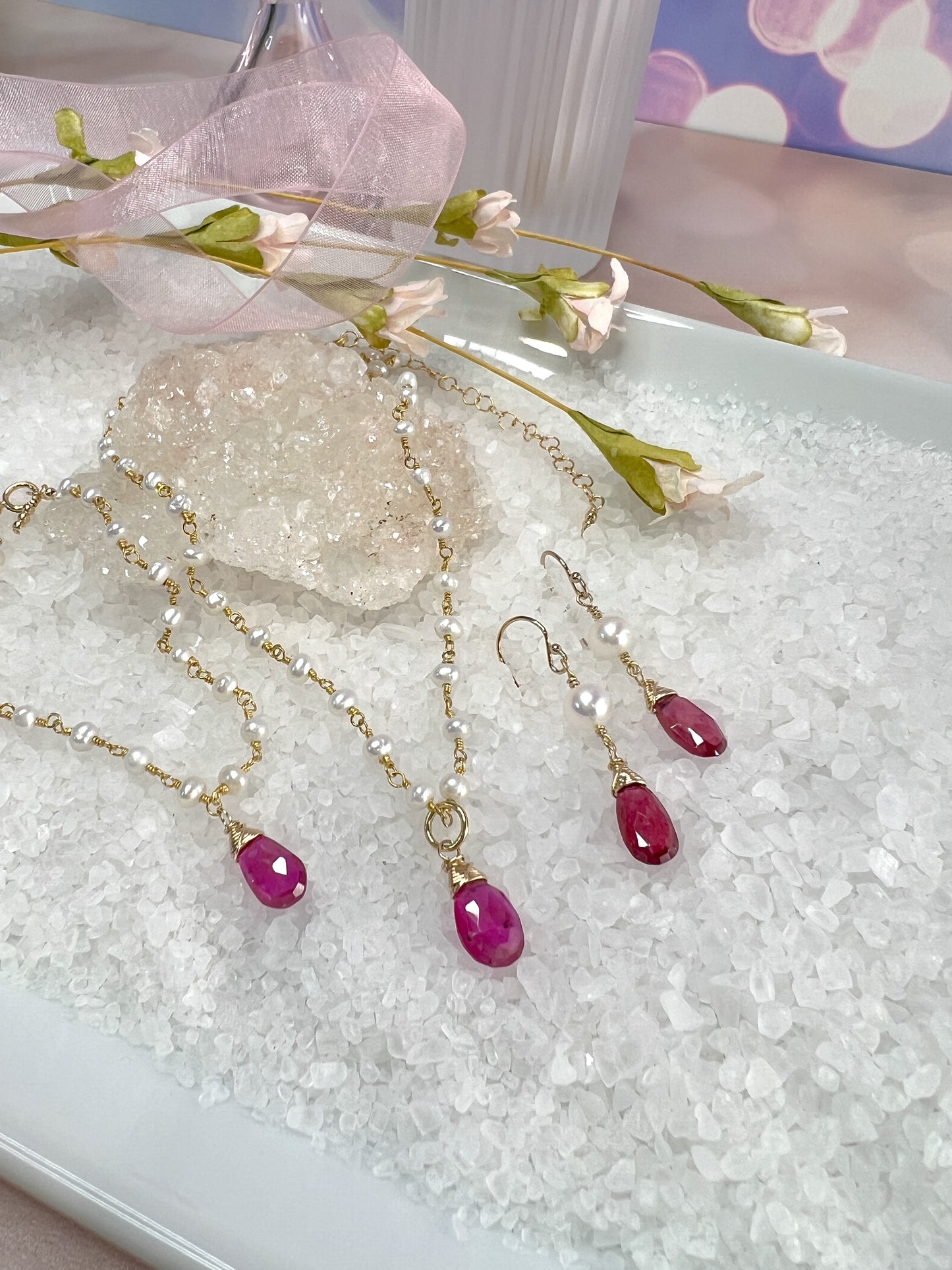 Pink Sapphire & Pearl Dangle Earrings