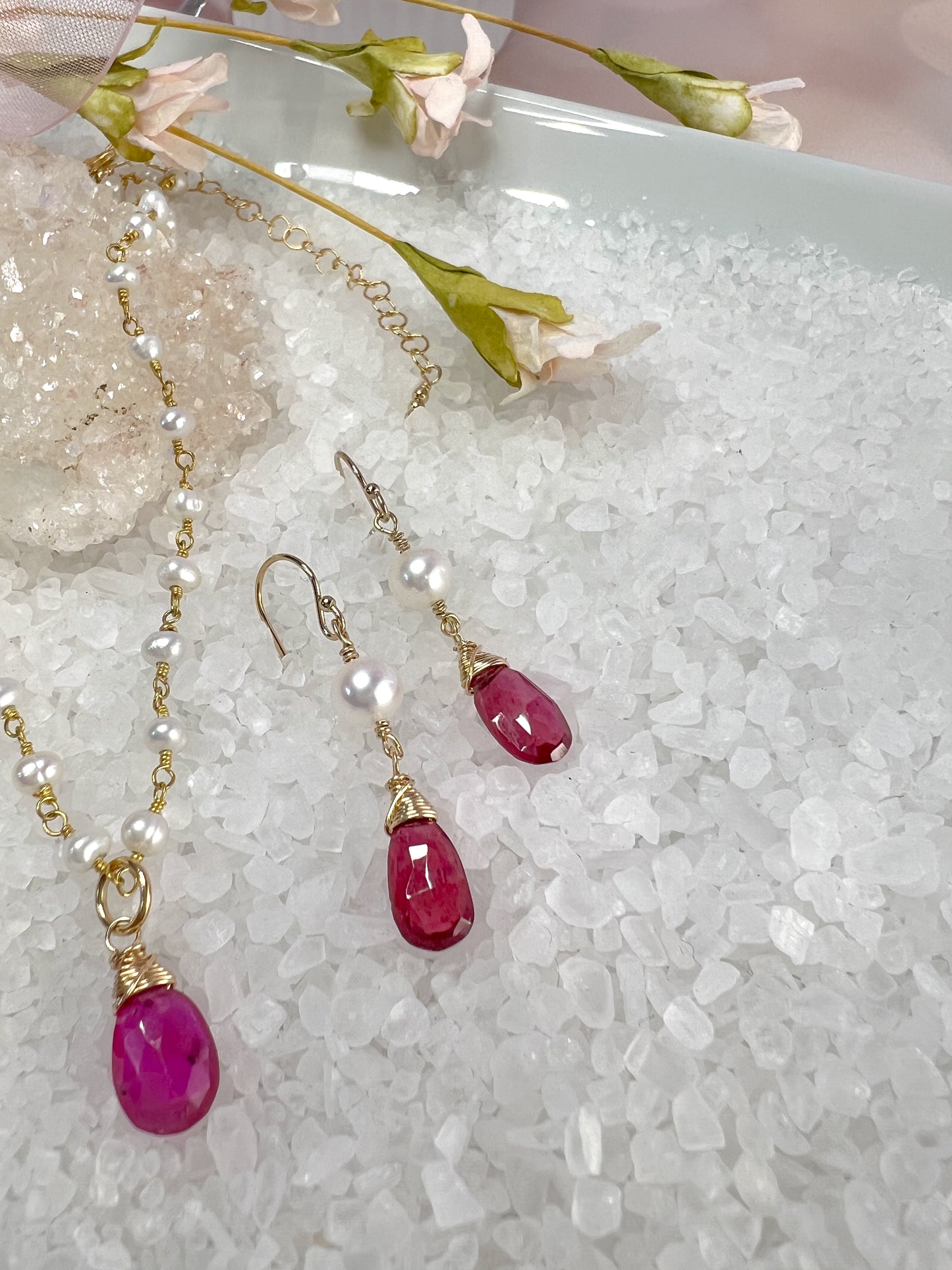 Pink Sapphire & Pearl Dangle Earrings