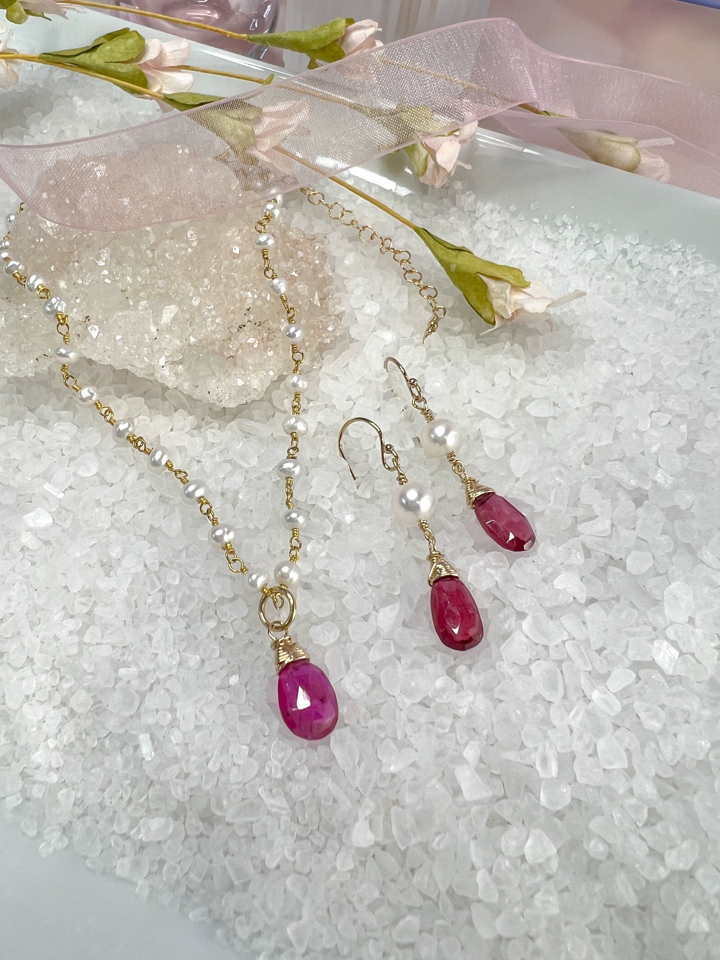 Pink Sapphire & Pearl Dangle Earrings