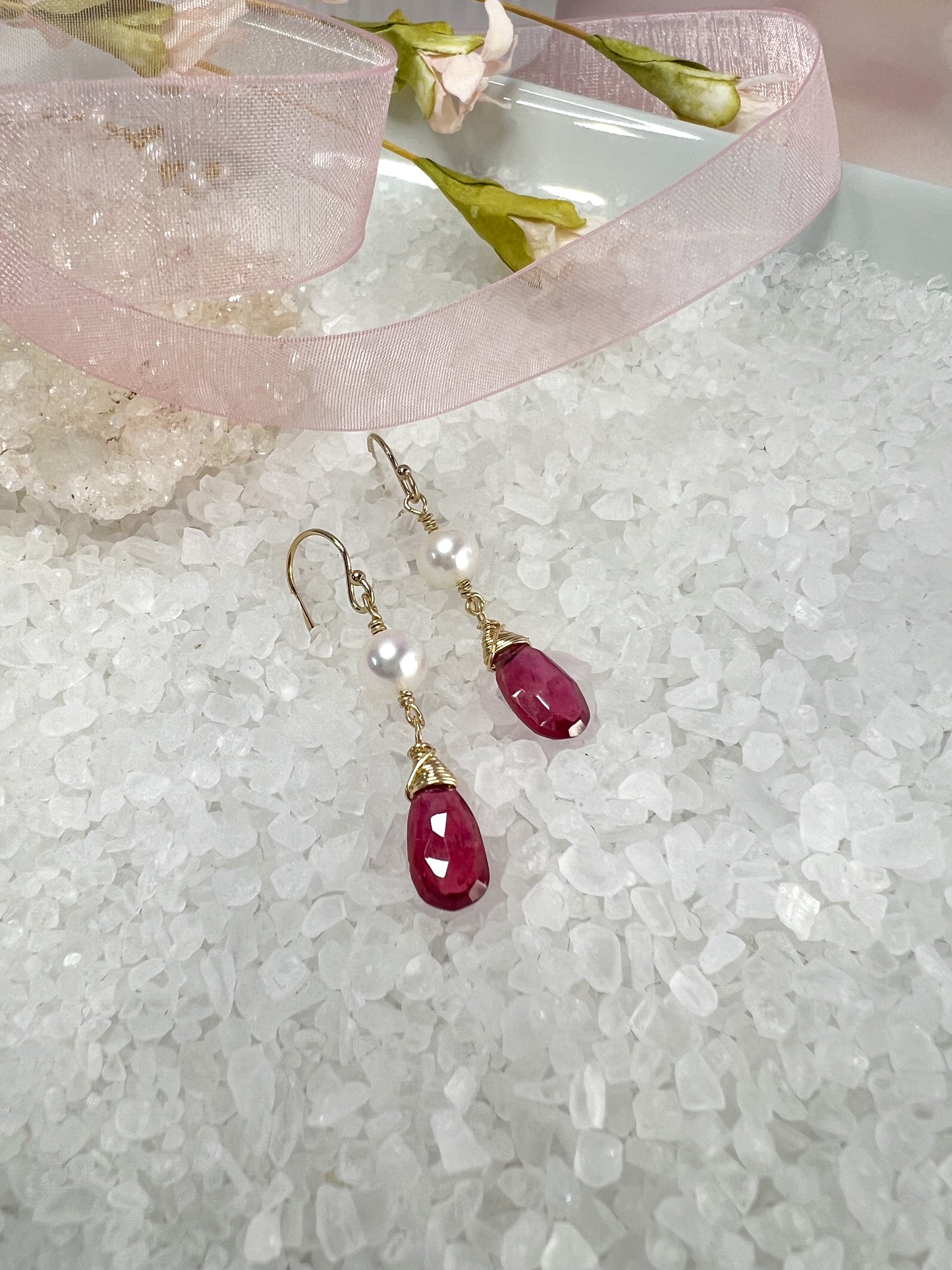 Pink Sapphire & Pearl Dangle Earrings