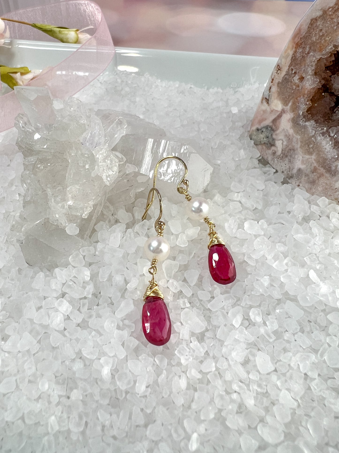 Pink Sapphire & Pearl Dangle Earrings