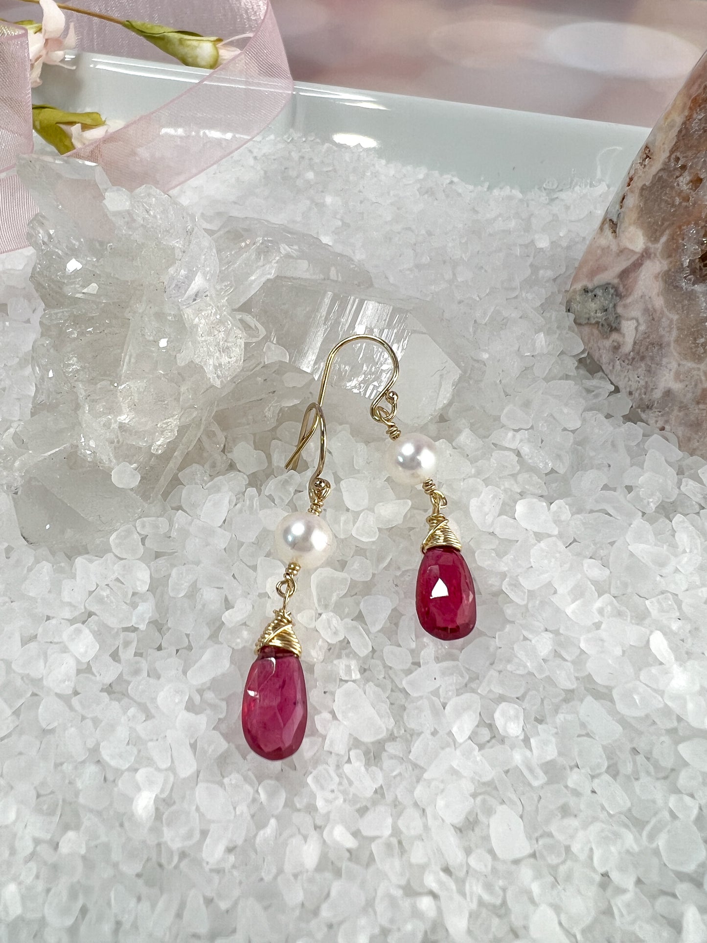 Pink Sapphire & Pearl Dangle Earrings