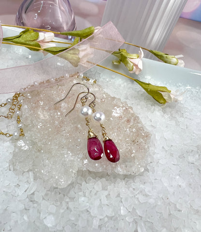 Pink Sapphire & Pearl Dangle Earrings