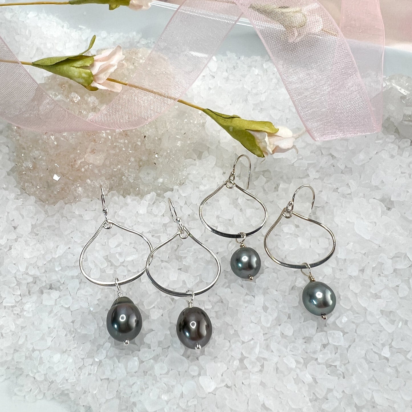 Tahitian Pearl Earrings, Tahitian Pearl Hoops - Sterling Silver