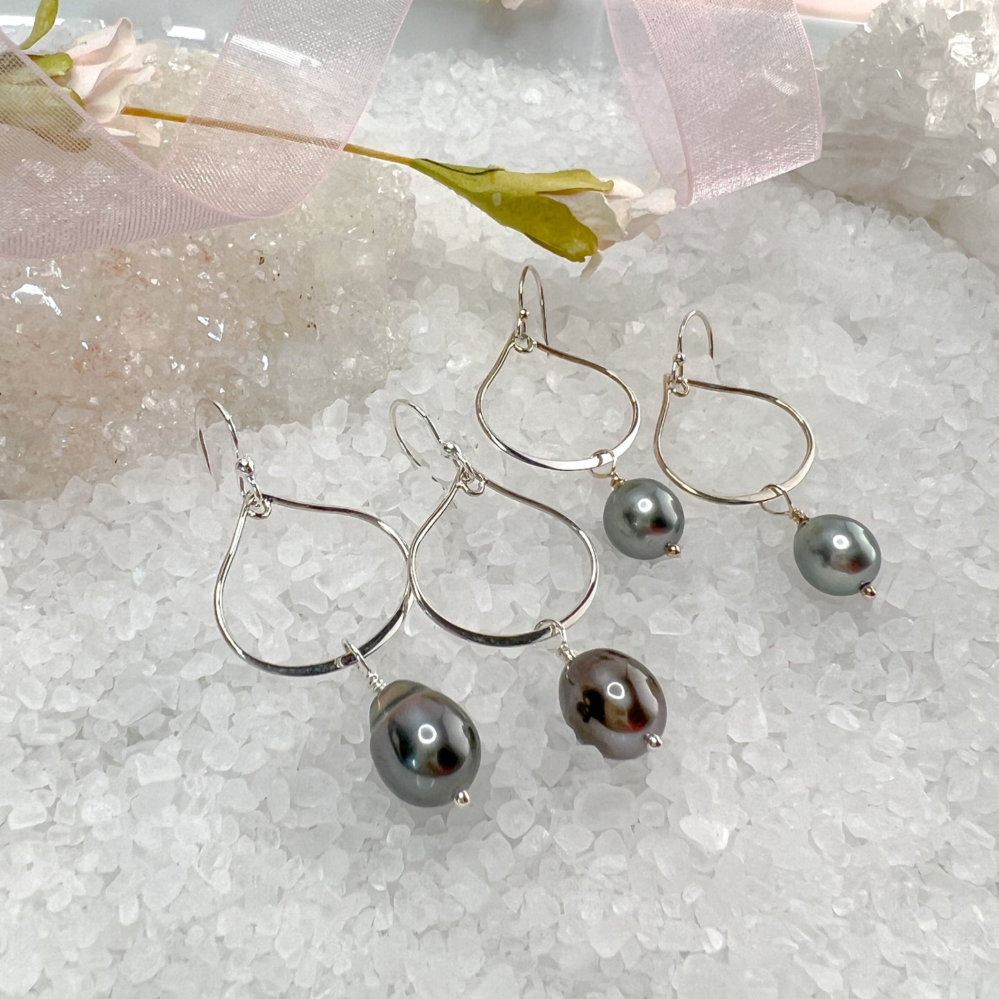 Tahitian Pearl Earrings, Tahitian Pearl Hoops - Sterling Silver