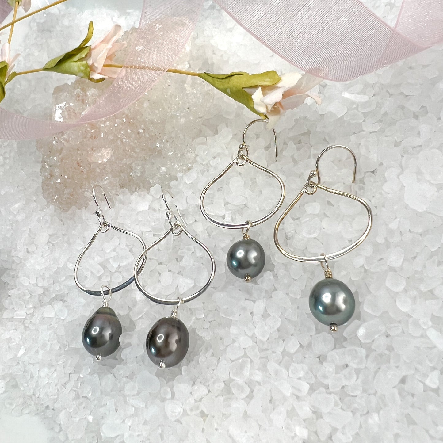 Tahitian Pearl Earrings, Tahitian Pearl Hoops - Sterling Silver