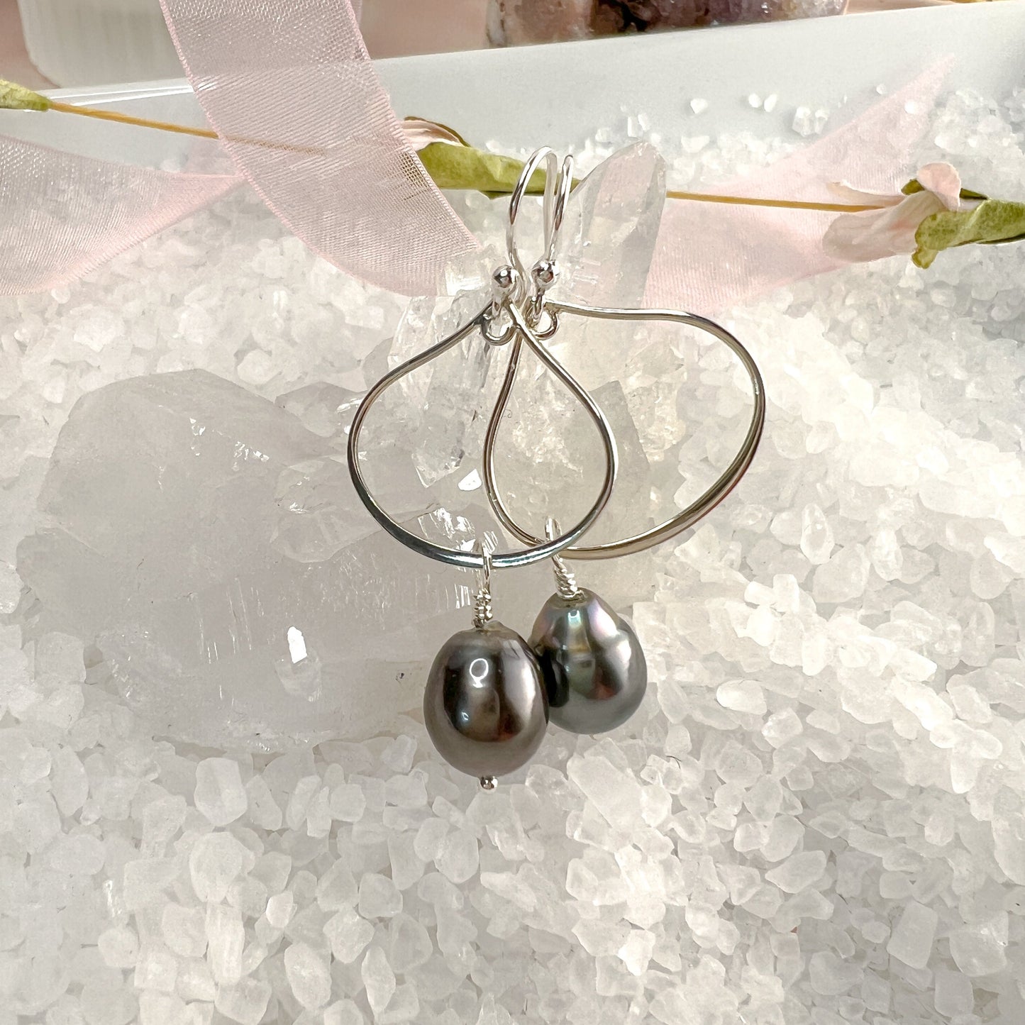 Tahitian Pearl Earrings, Tahitian Pearl Hoops - Sterling Silver