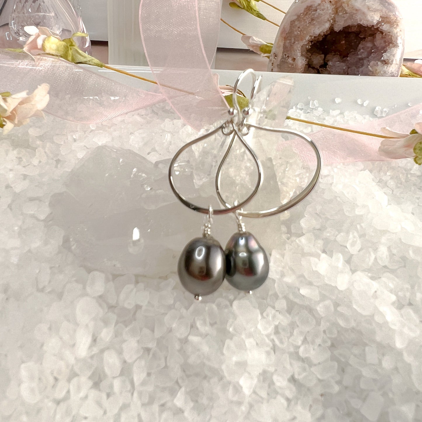 Tahitian Pearl Earrings, Tahitian Pearl Hoops - Sterling Silver