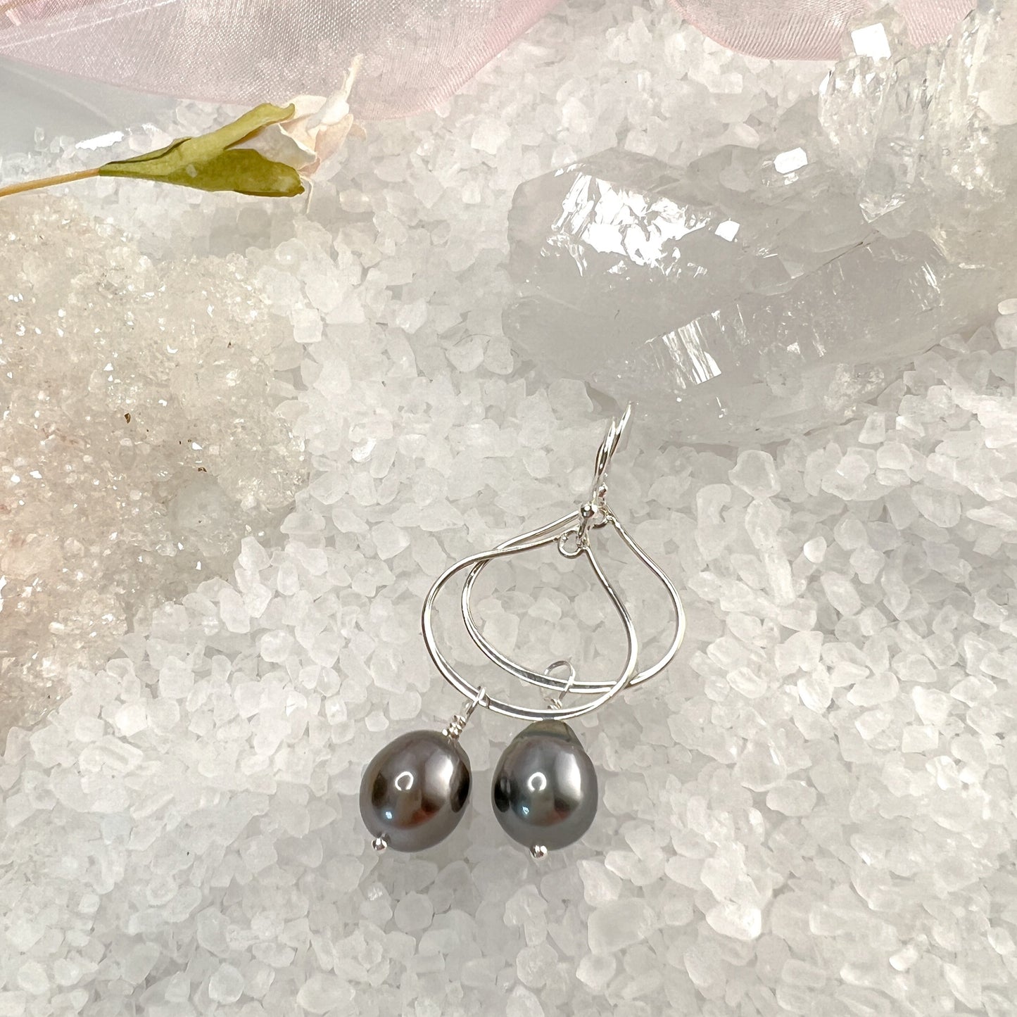 Tahitian Pearl Earrings, Tahitian Pearl Hoops - Sterling Silver