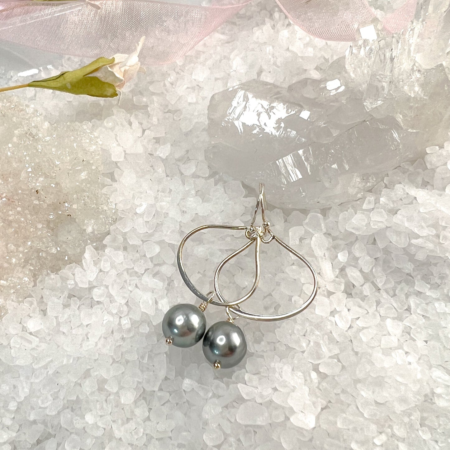 Tahitian Pearl Earrings, Tahitian Pearl Hoops - Sterling Silver