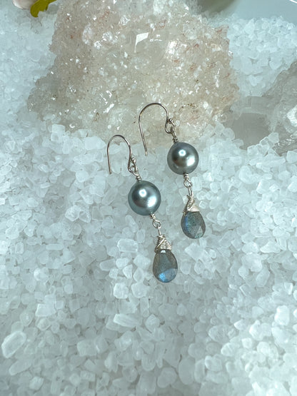 Tahitian Pearl & Labradorite Dangle Earrings
