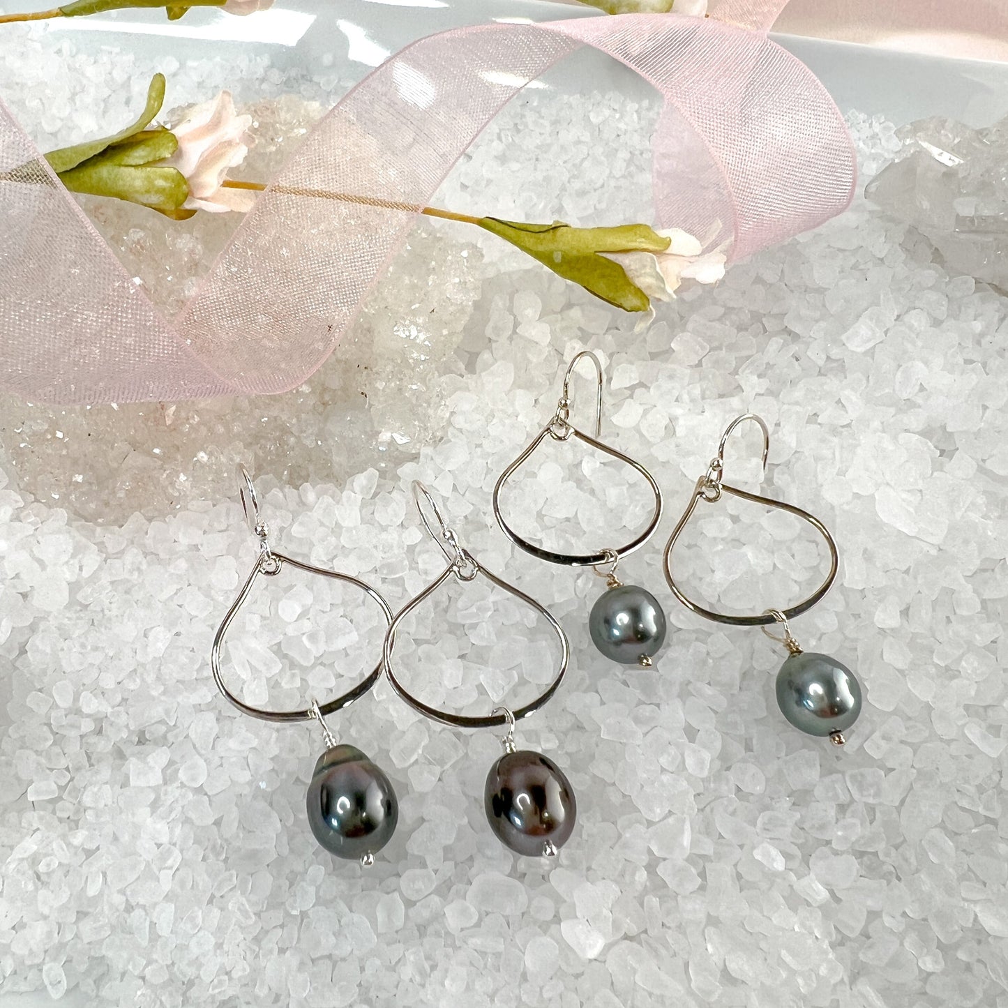 Tahitian Pearl Earrings, Tahitian Pearl Hoops - Sterling Silver