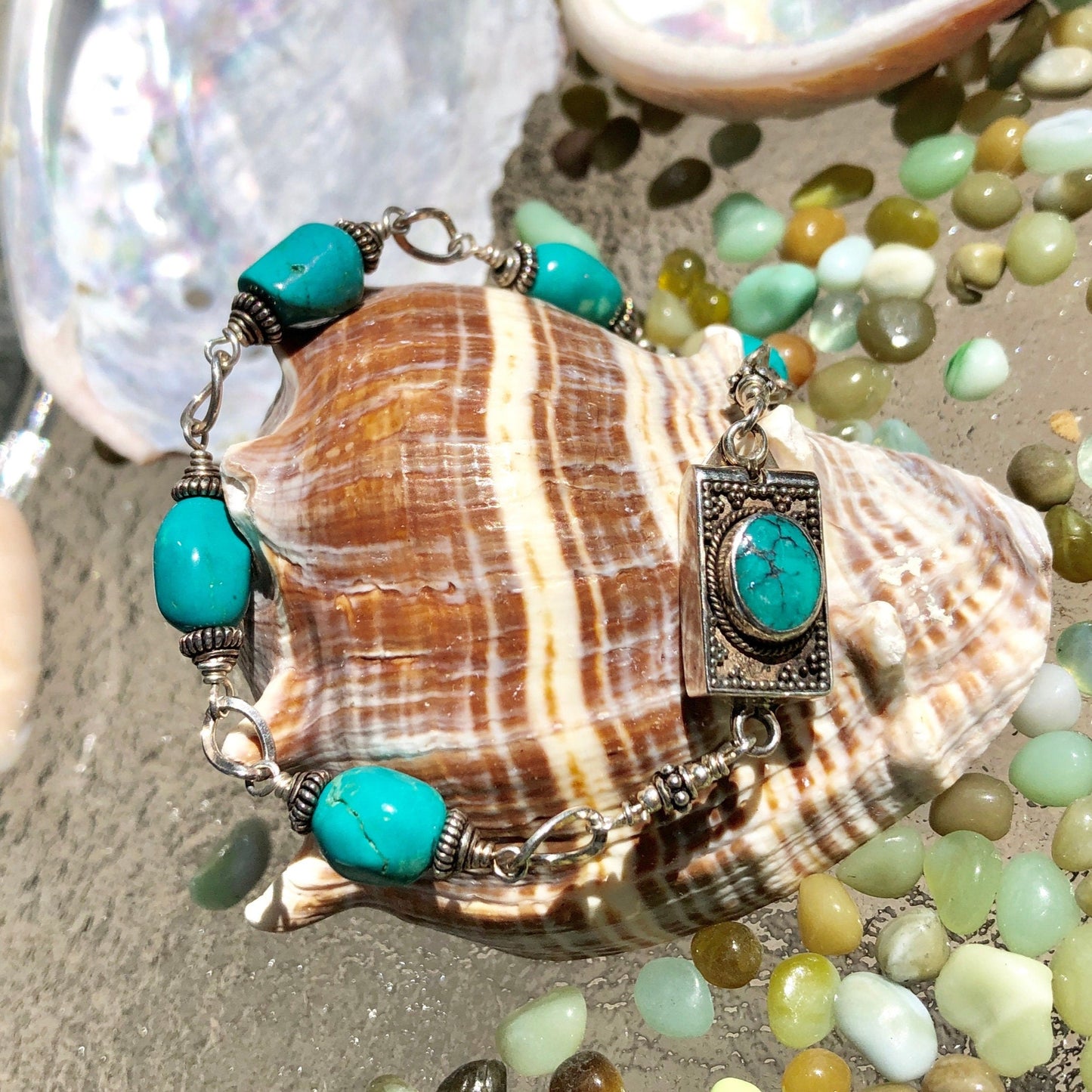 Inlaid Turquoise Bali Clasp & Nugget Bracelet