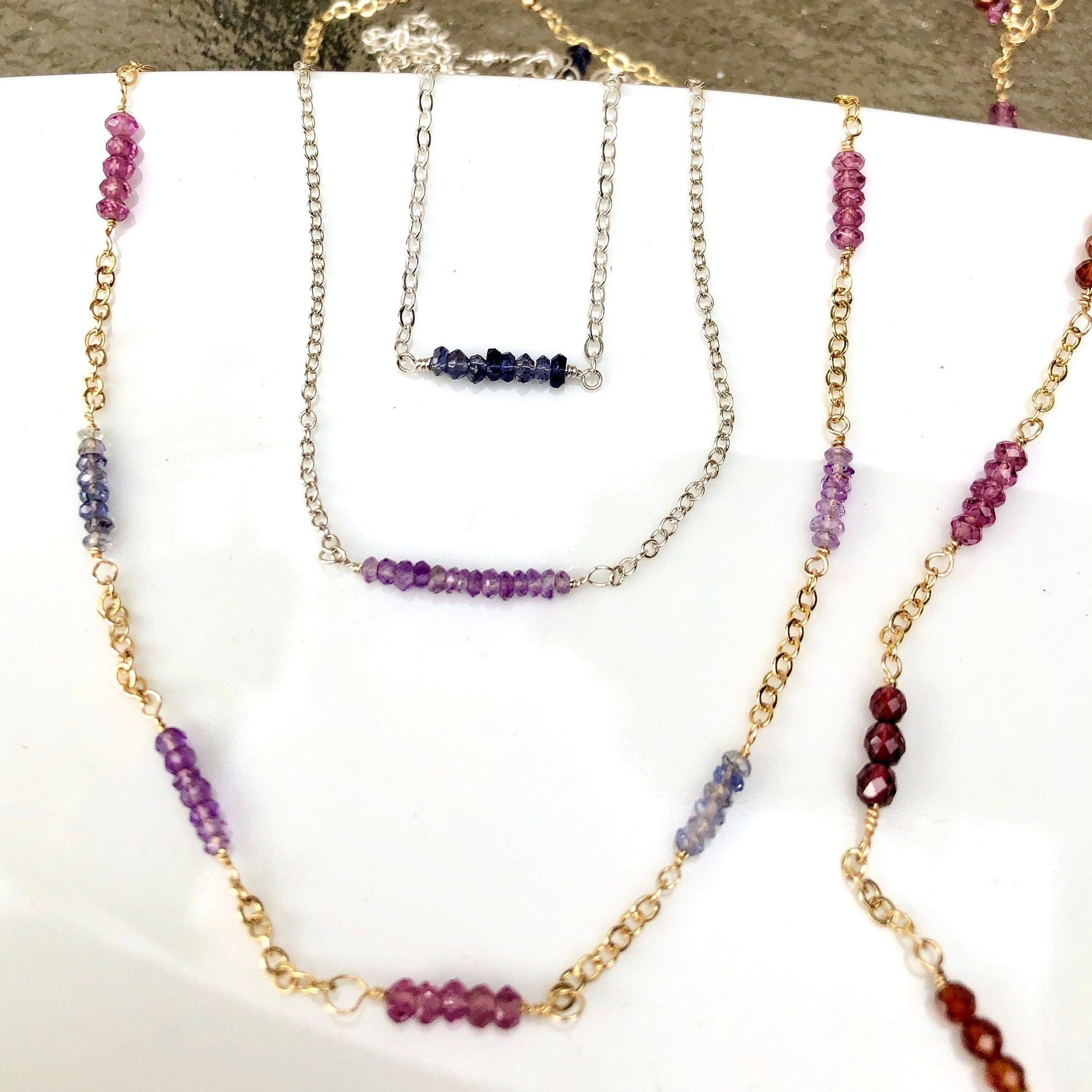 Gemstone Station Necklace, Iolite Necklace, Amethyst Necklace, Rhodolite Garnet Necklace