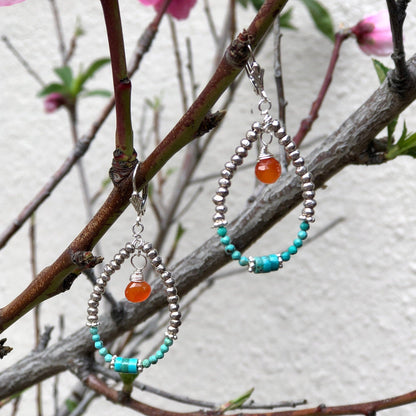Turquoise, Carnelian & Floral Stamped Bali Sterling Hoop Earrings