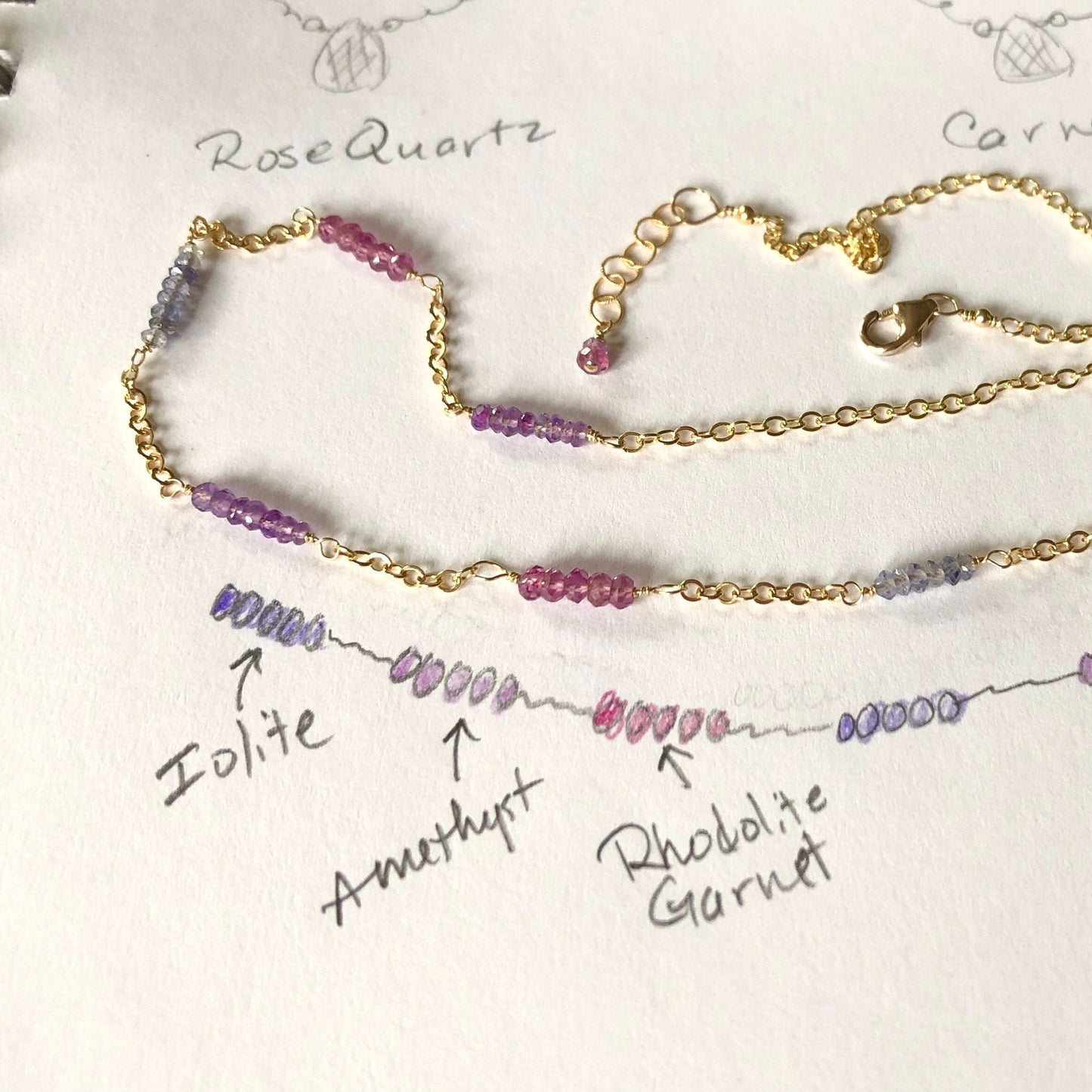 Gemstone Station Necklace, Iolite Necklace, Amethyst Necklace, Rhodolite Garnet Necklace