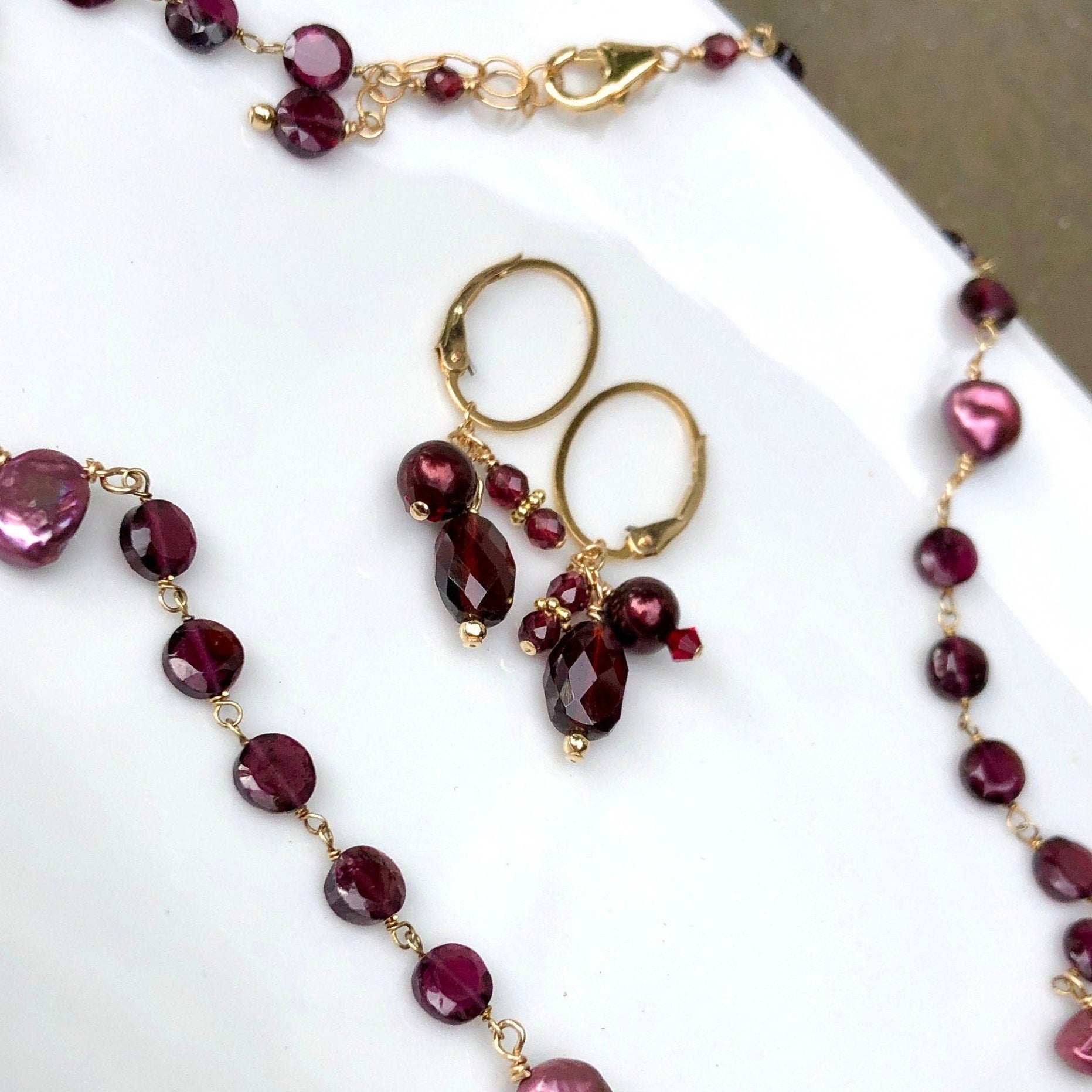 Cranberry Pearl & Garnet Waterfall Earrings