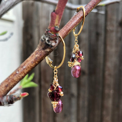 Raspberry Pearl & Garnet Waterfall Earrings