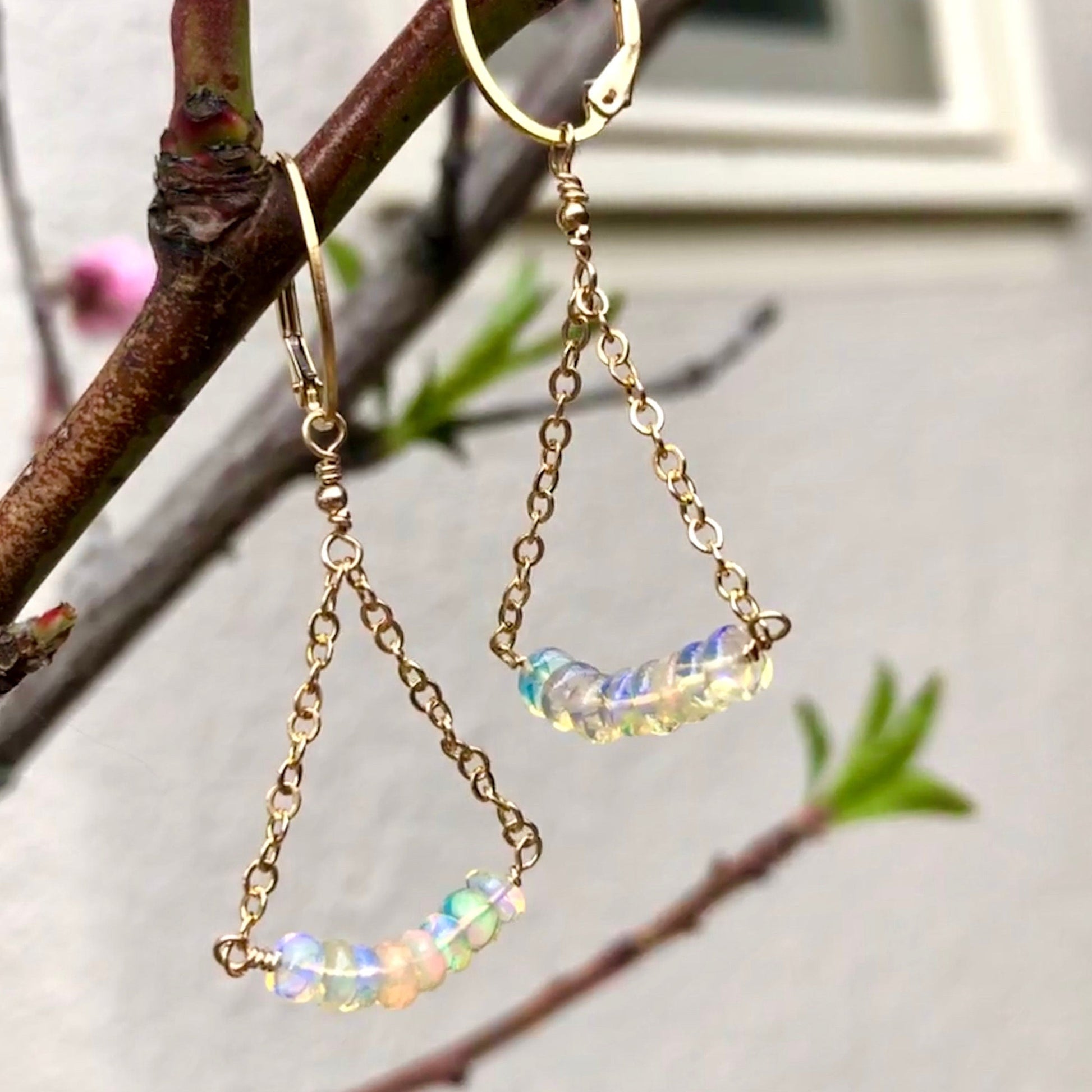 Opal Chain Dangle Earrings, October Birthstone