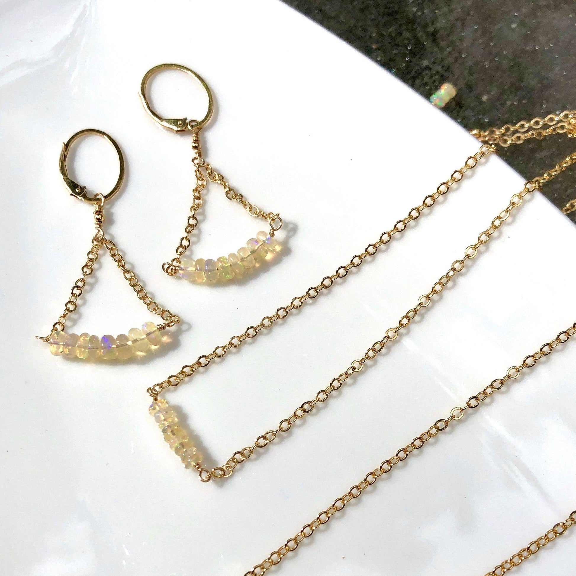 Opal Chain Dangle Earrings, October Birthstone