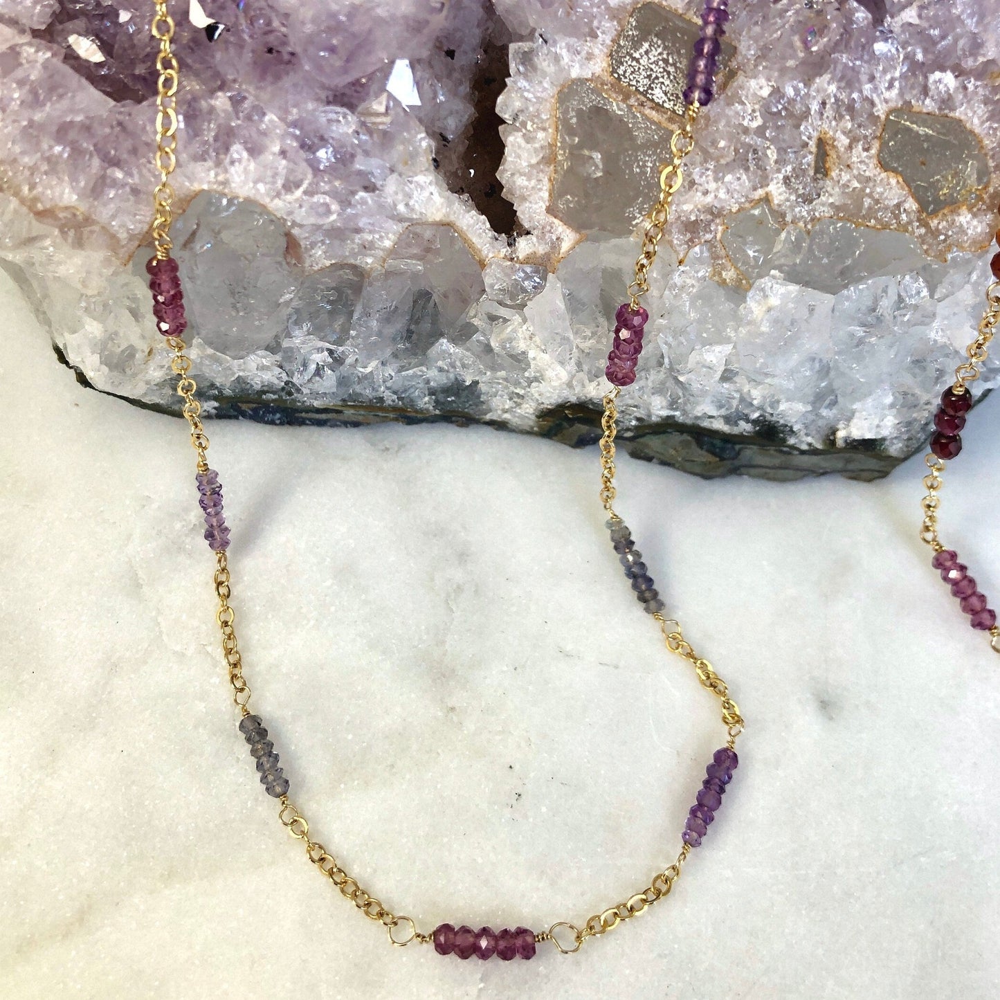 Gemstone Station Necklace, Iolite Necklace, Amethyst Necklace, Rhodolite Garnet Necklace