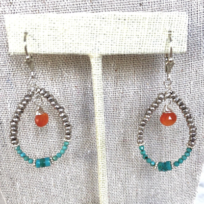 Turquoise, Carnelian & Floral Stamped Bali Sterling Hoop Earrings
