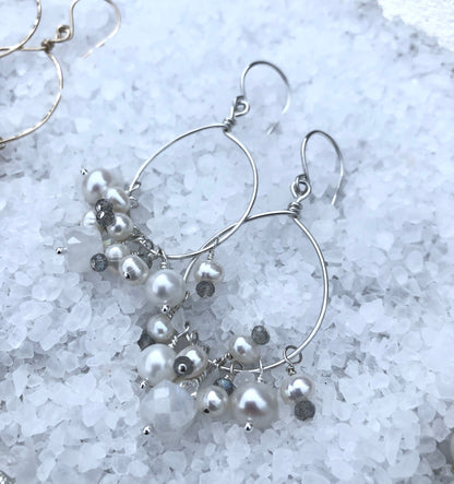 Pearl, Moonstone & Labradorite Hoop Earrings